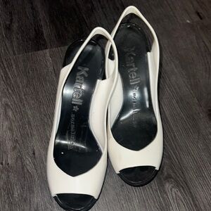 Kartell Cream and Black Peep-Toe Slingback Heels